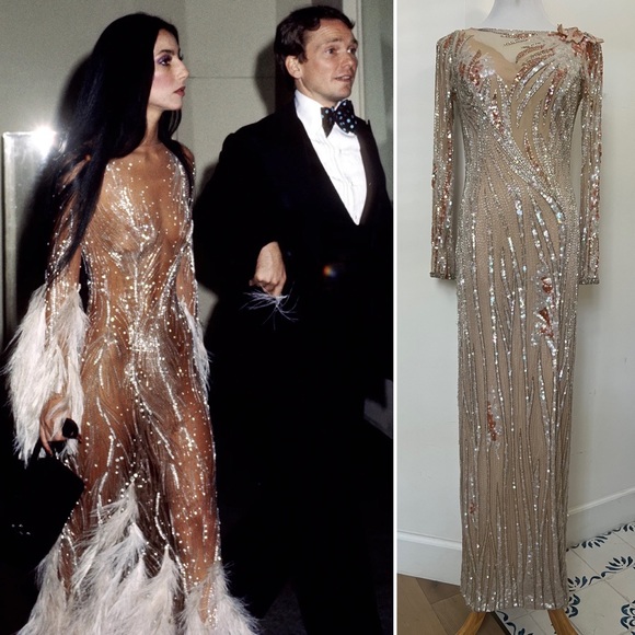 Bob Mackie Dresses & Skirts - 1990 Bob Mackie Boutique nude, silver beads & shiny sequin gown dress